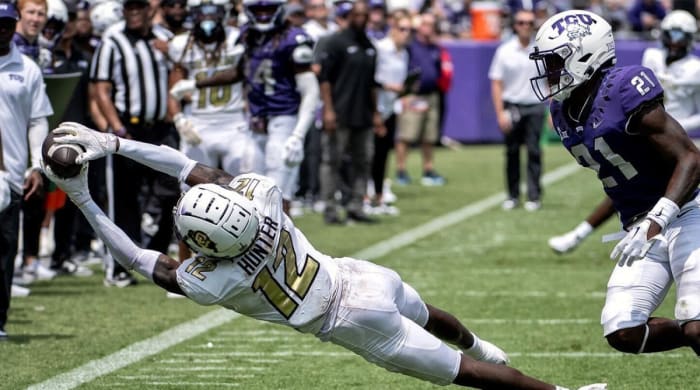 Colorado’s Travis Hunter intercepts a pass vs. TCU.